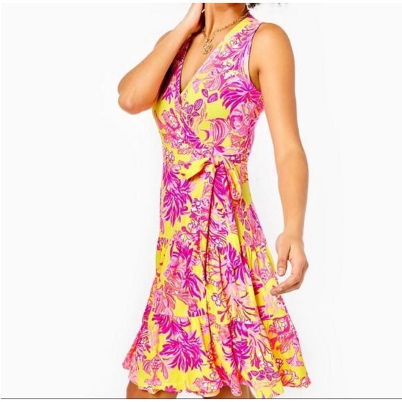 Lilly Pulitzer Folly Wrap Dress Pink Yellow XS Calla Yellow - Picture 2 of 7